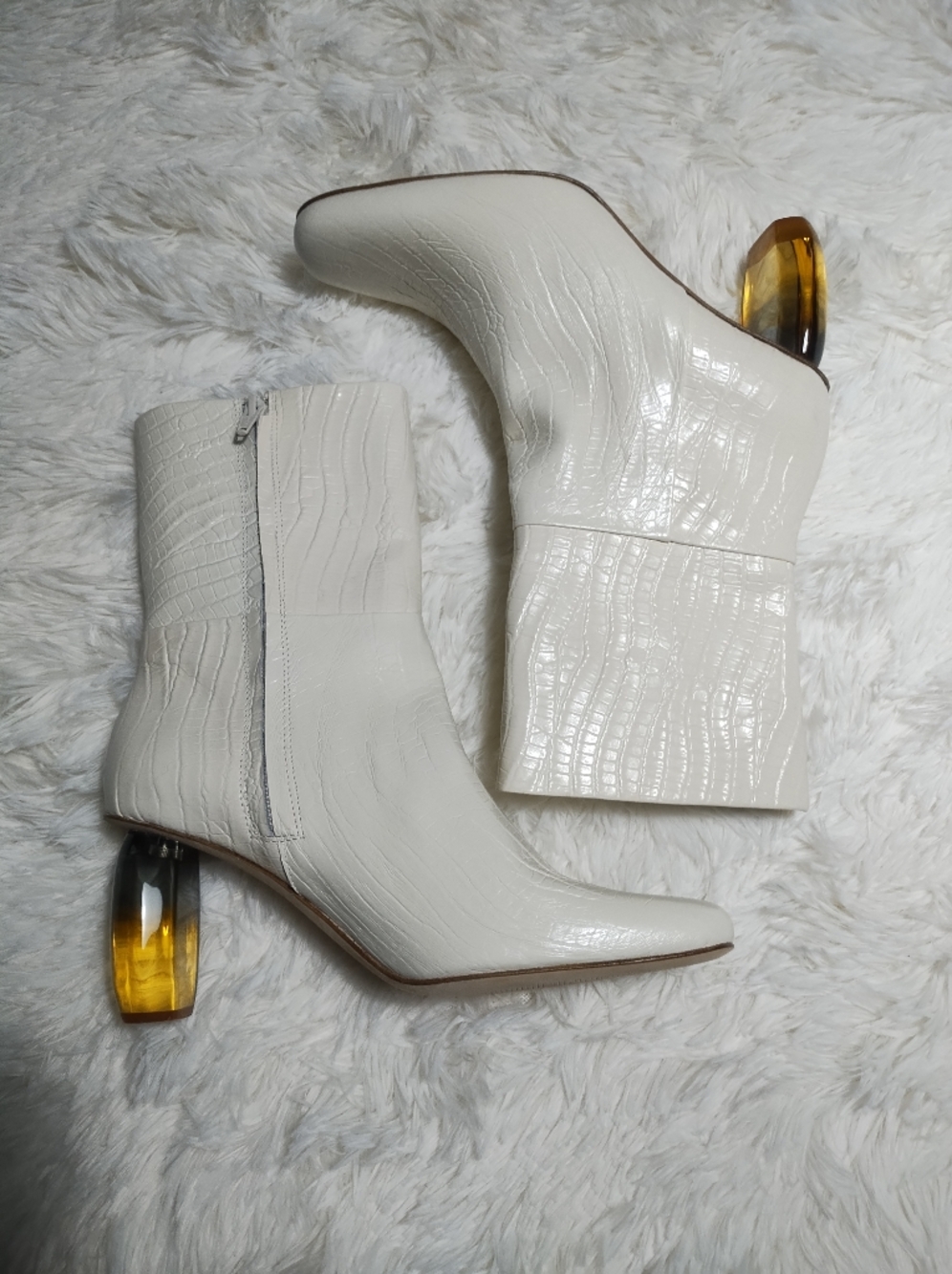 Croc-Embossed Genuine Leather White Mid-Calf Boots Square Toe-Sz 40